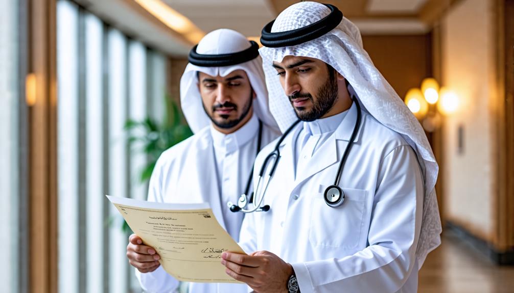 Doctor reviewing medical licensing documents for the Middle East